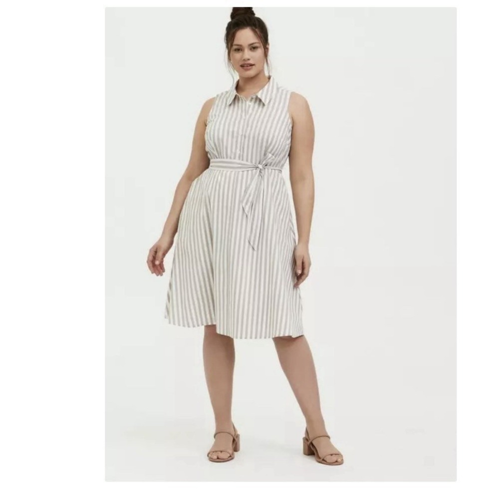 Torrid Taupe White Stripe Poplin Sleeveless Button Shirt Dress Size 1X Pockets